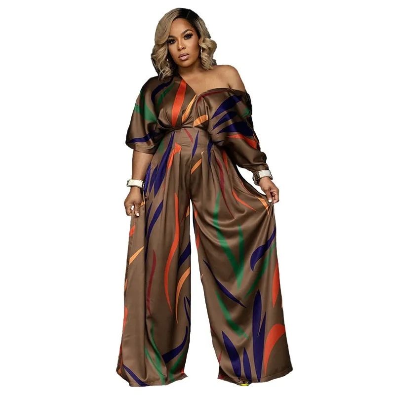 Jumpsuit Printed Loose Shoulder Drape Wide Leg Trousers