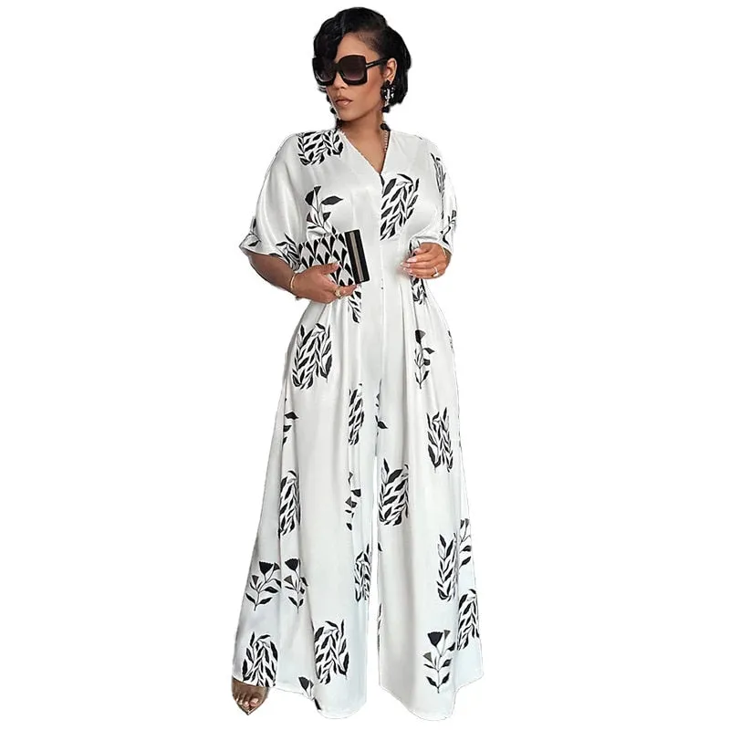 Jumpsuit Printed Loose Shoulder Drape Wide Leg Trousers