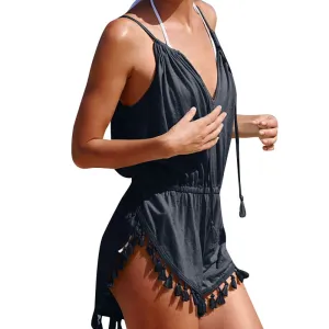 Jumpsuit Women Black White 2019 Jumpsuit Sexy Summer V Neck Solid High Waist Tassel Cami Jumpsuits Playsuits combishort femme