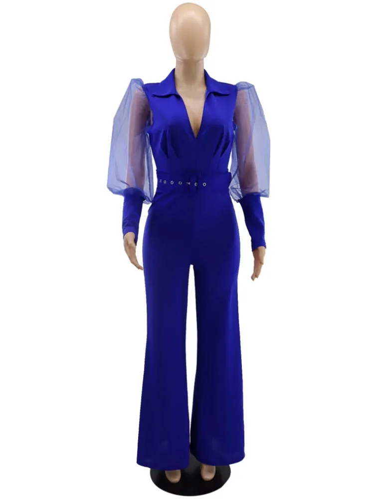 Jumpsuits for Women Dressy Wrapped V Neck Tulle Lantern Sleeve Belted Wide Leg