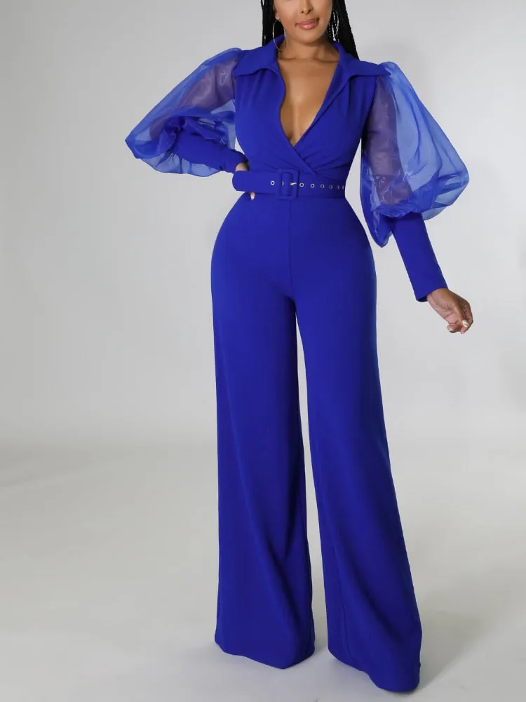 Jumpsuits for Women Dressy Wrapped V Neck Tulle Lantern Sleeve Belted Wide Leg