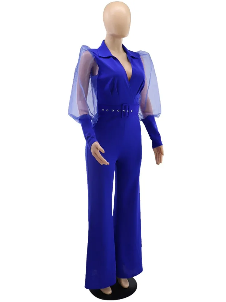 Jumpsuits for Women Dressy Wrapped V Neck Tulle Lantern Sleeve Belted Wide Leg