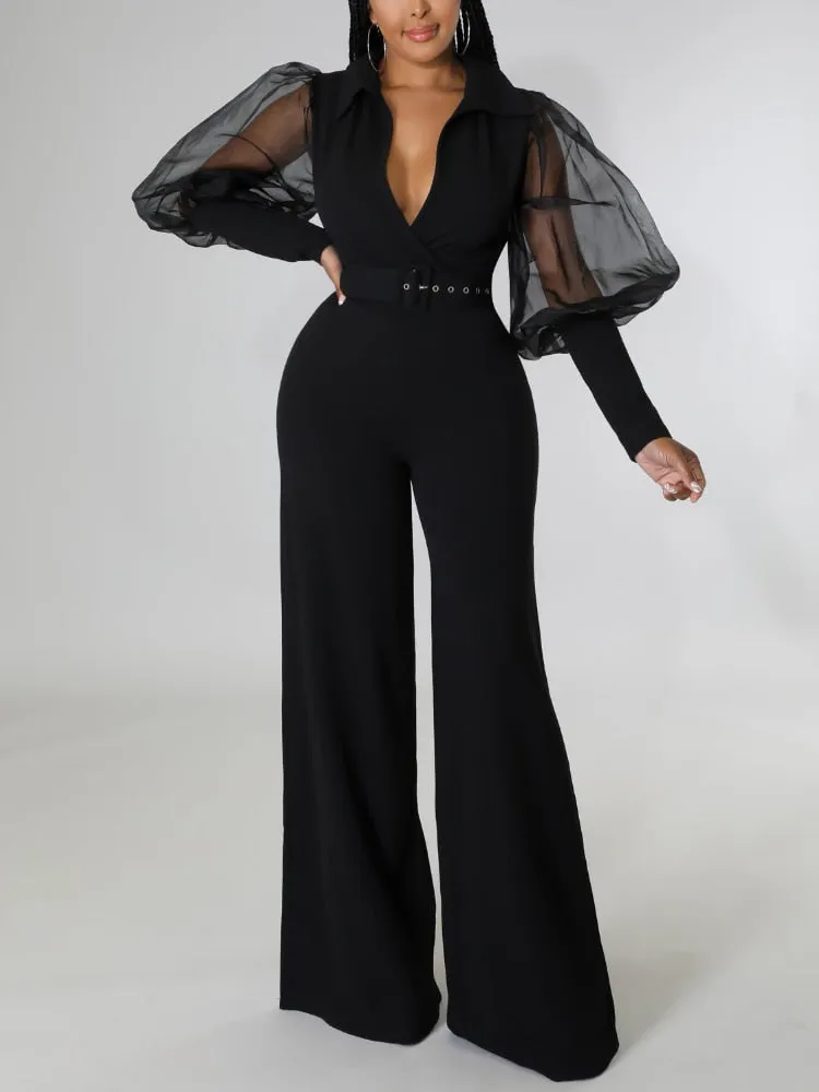 Jumpsuits for Women Dressy Wrapped V Neck Tulle Lantern Sleeve Belted Wide Leg