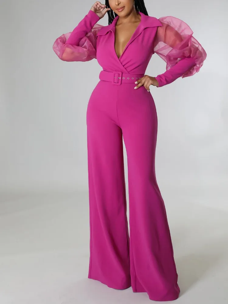 Jumpsuits for Women Dressy Wrapped V Neck Tulle Lantern Sleeve Belted Wide Leg