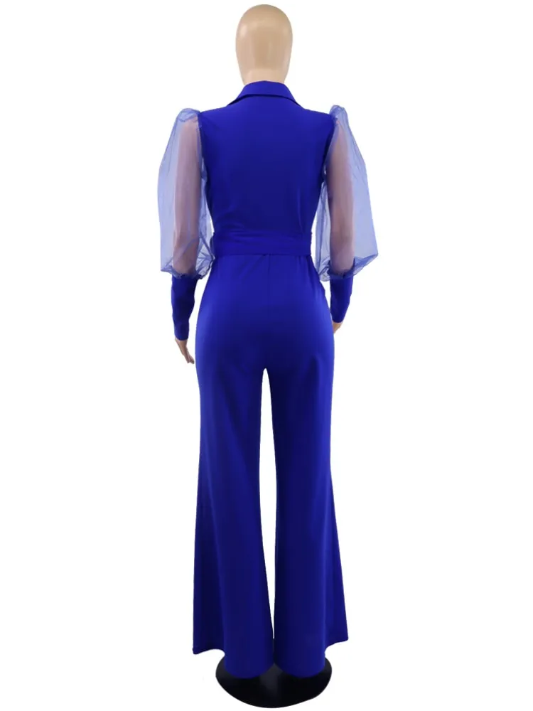 Jumpsuits for Women Dressy Wrapped V Neck Tulle Lantern Sleeve Belted Wide Leg