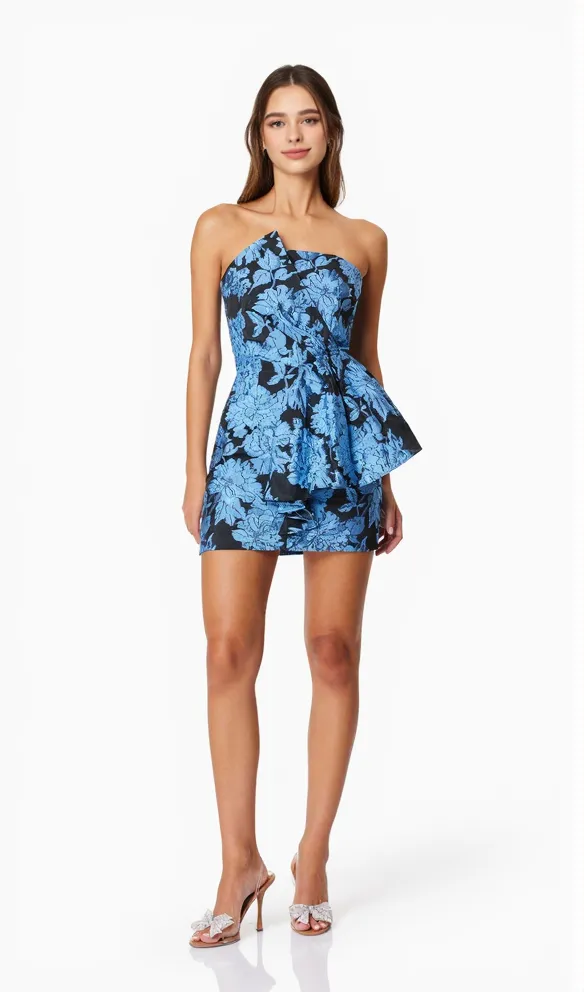 Kayla Jacquard Strapless Mini Dress In Blue