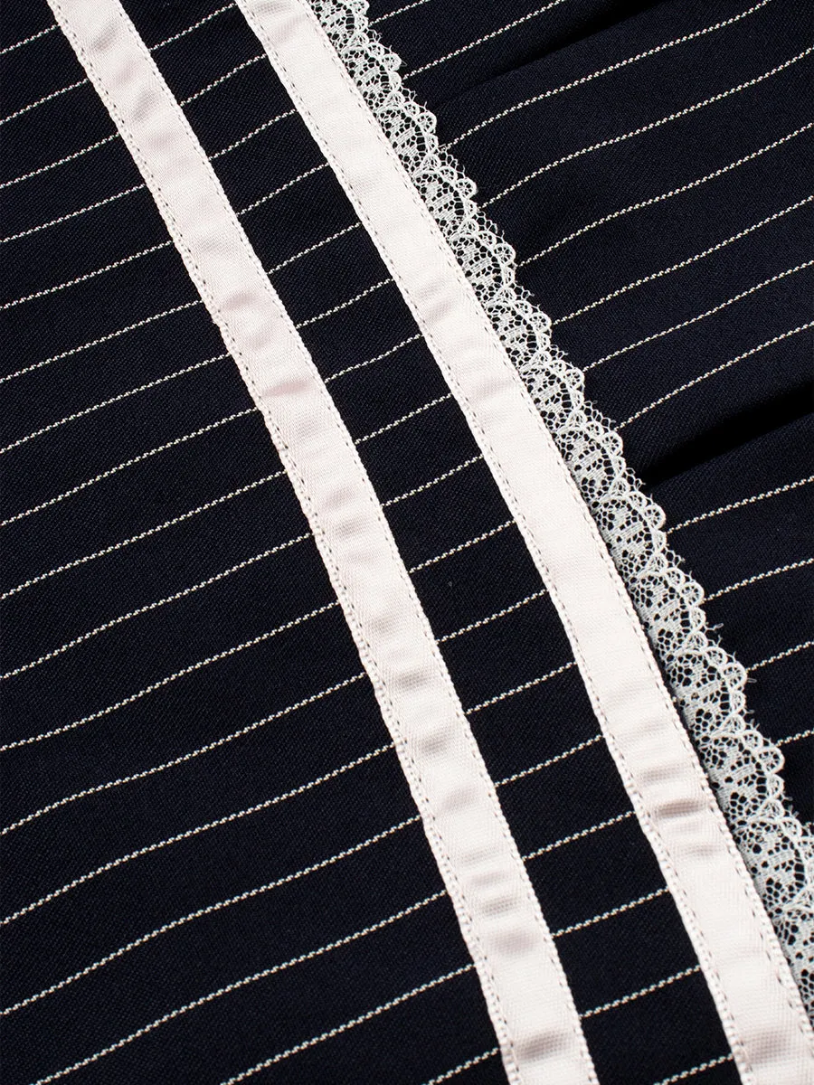 Lace Bow Striped Blue Pleated Skirt