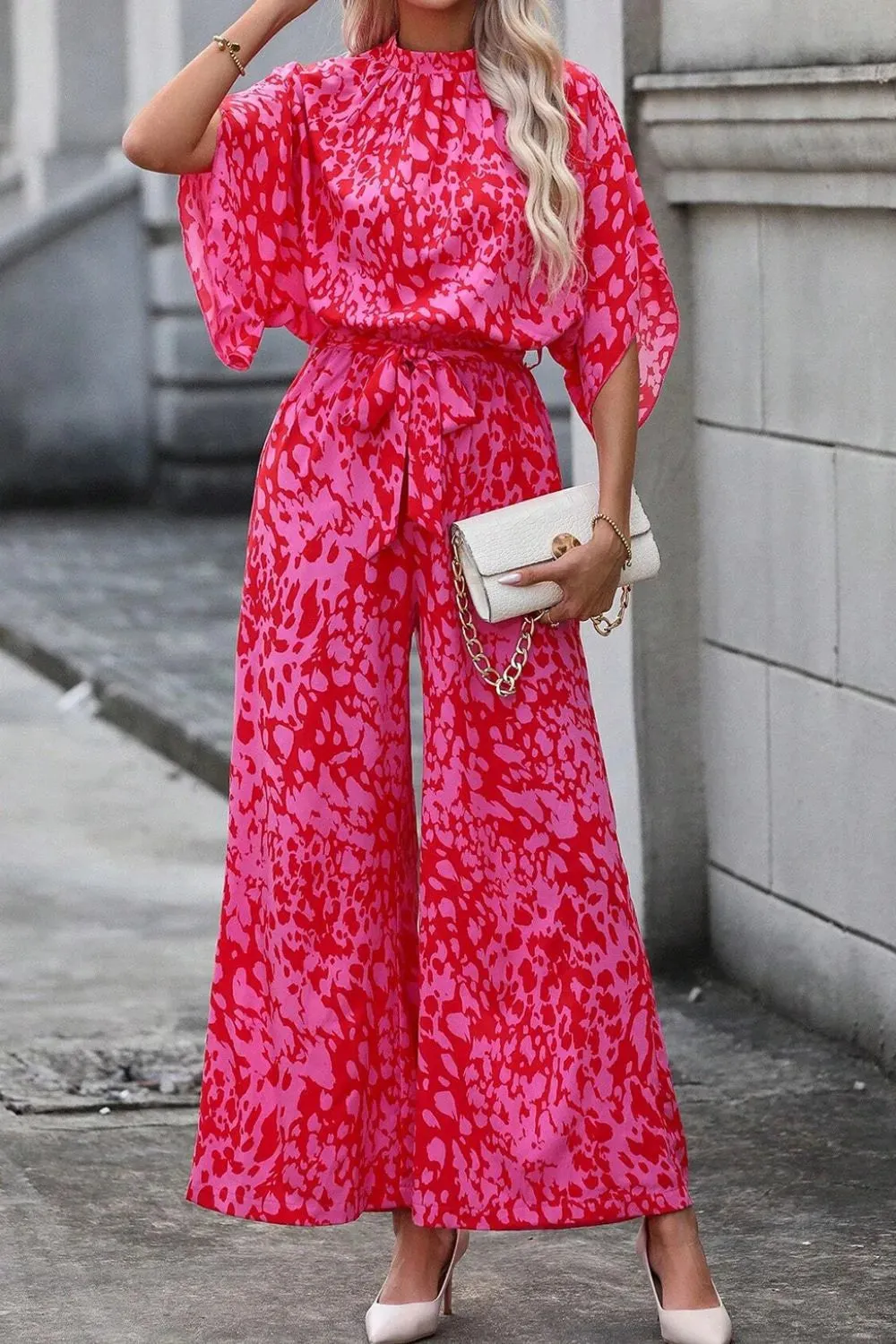 Leopard Belted Wide Leg Jumpsuit