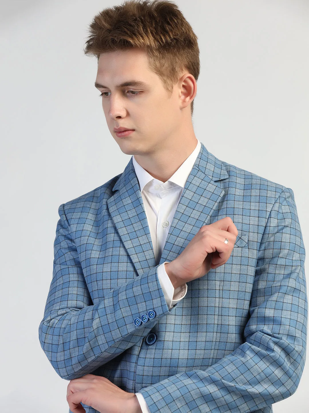 Light Blue Checked Tweed Blazer