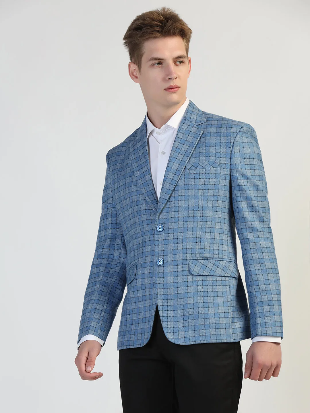 Light Blue Checked Tweed Blazer