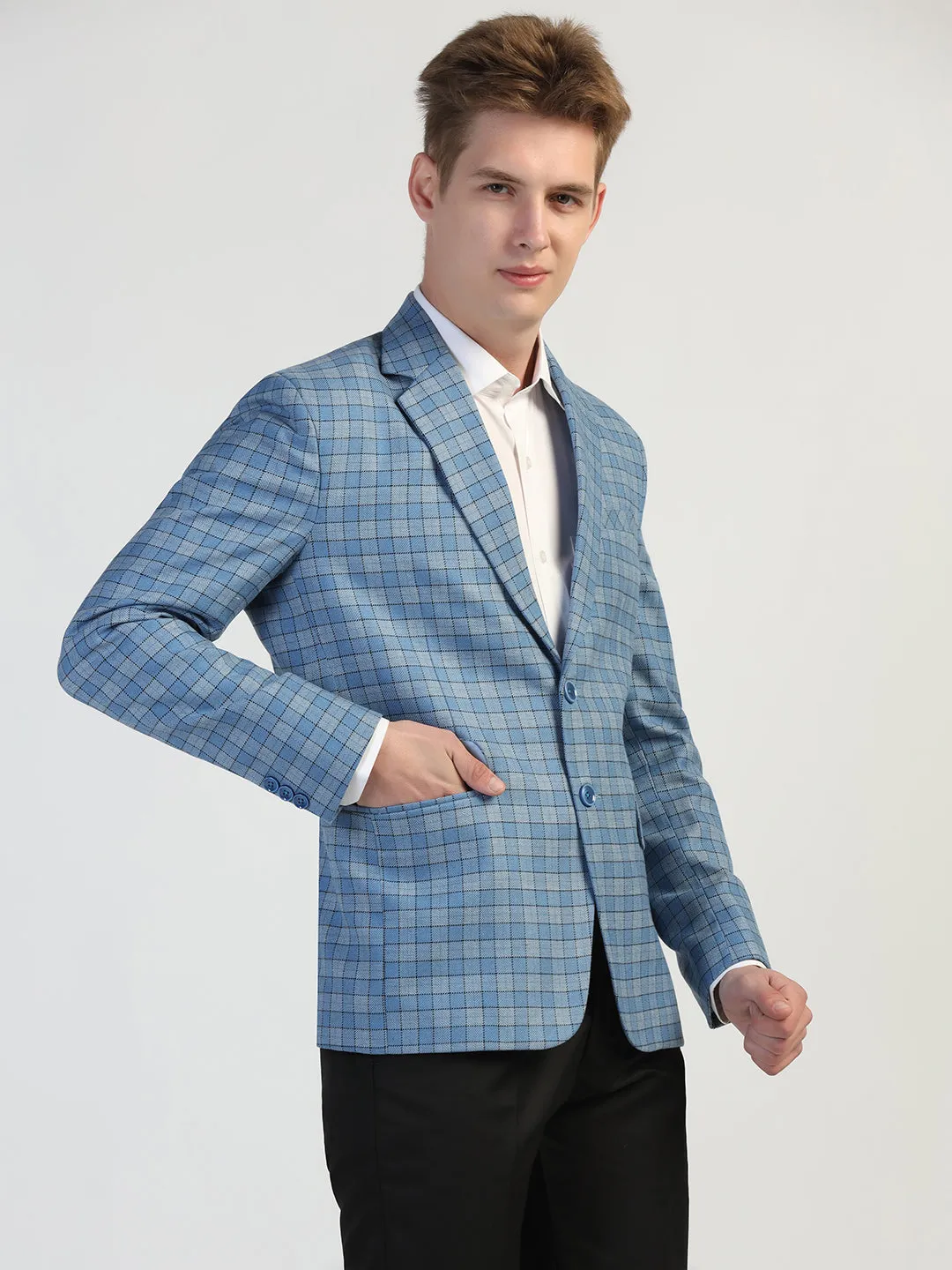 Light Blue Checked Tweed Blazer