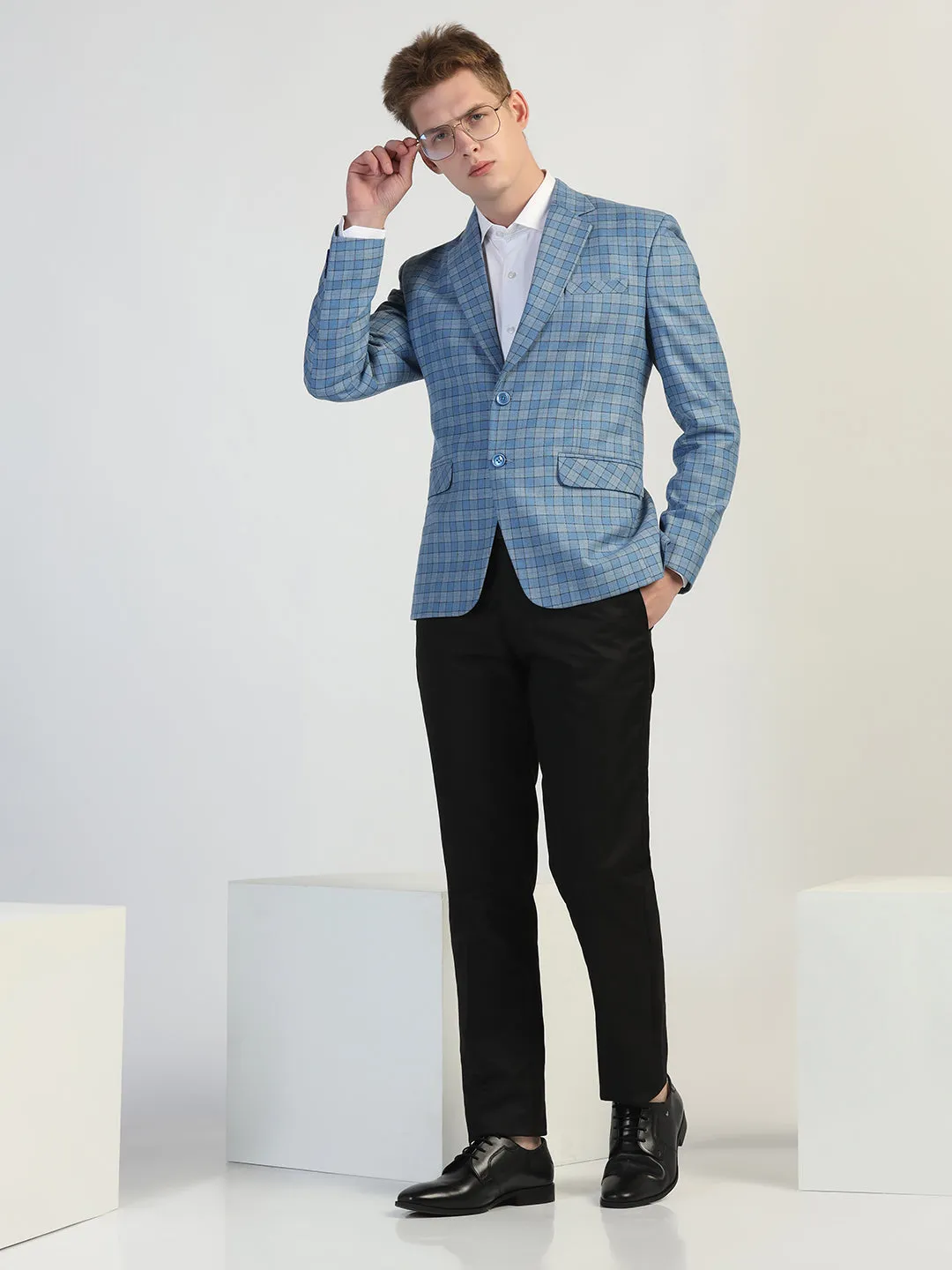 Light Blue Checked Tweed Blazer