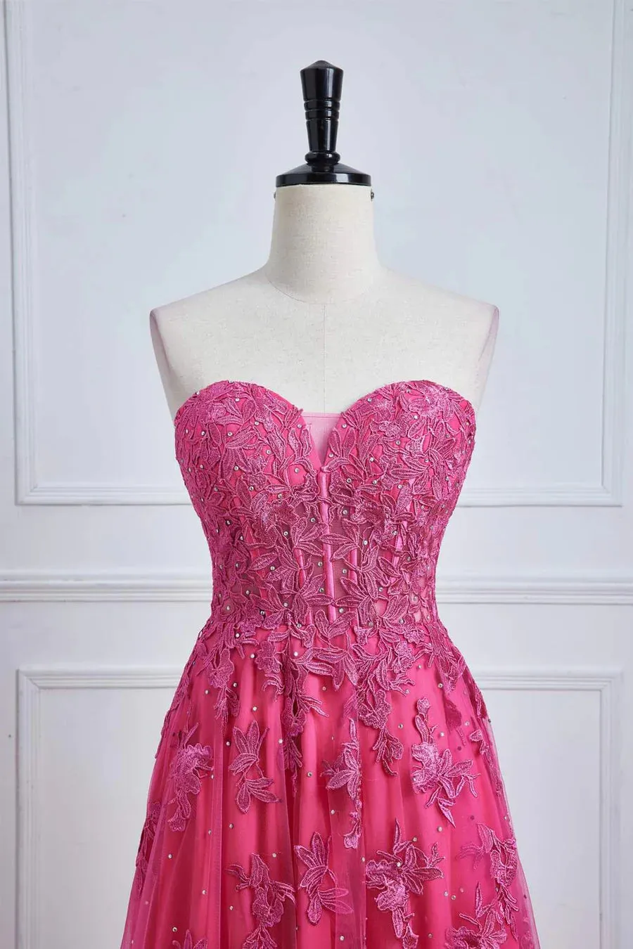 Long Fuchsia Prom Dresses Strapless A-line Floral Formal Wear Slit