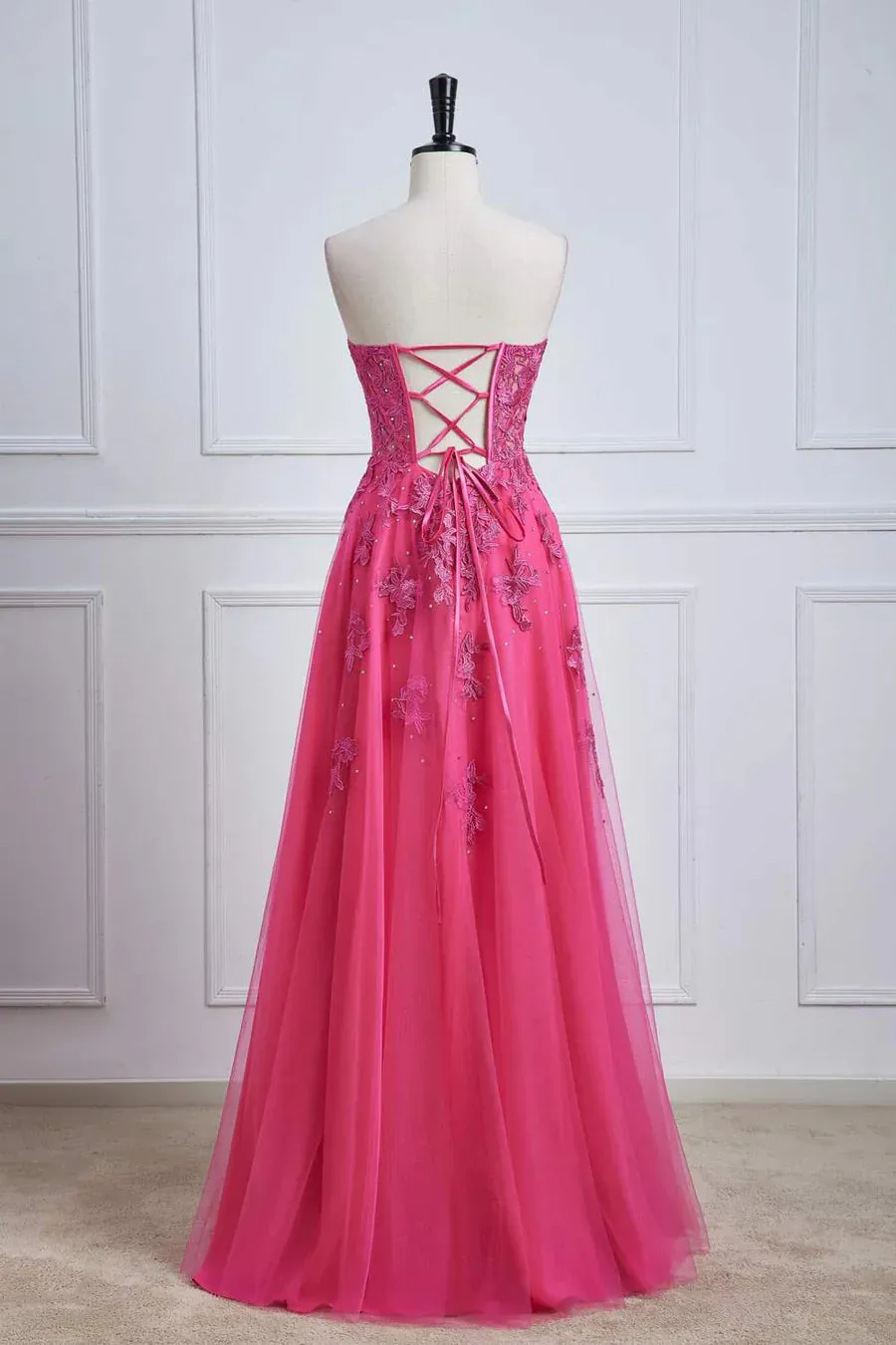 Long Fuchsia Prom Dresses Strapless A-line Floral Formal Wear Slit