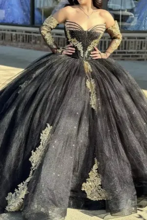 Long Sleeves Strapless Black Quinceanera Dresses with Appliques