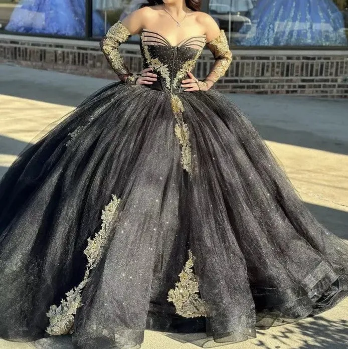 Long Sleeves Strapless Black Quinceanera Dresses with Appliques