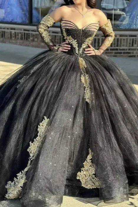 Long Sleeves Strapless Black Quinceanera Dresses with Appliques