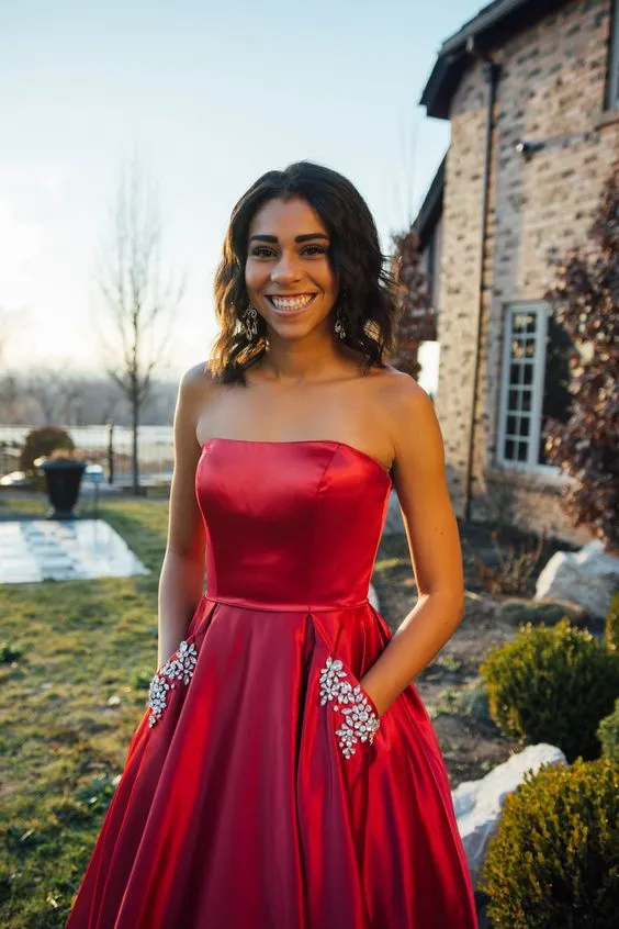 Long Strapless Prom Dress With Pocket