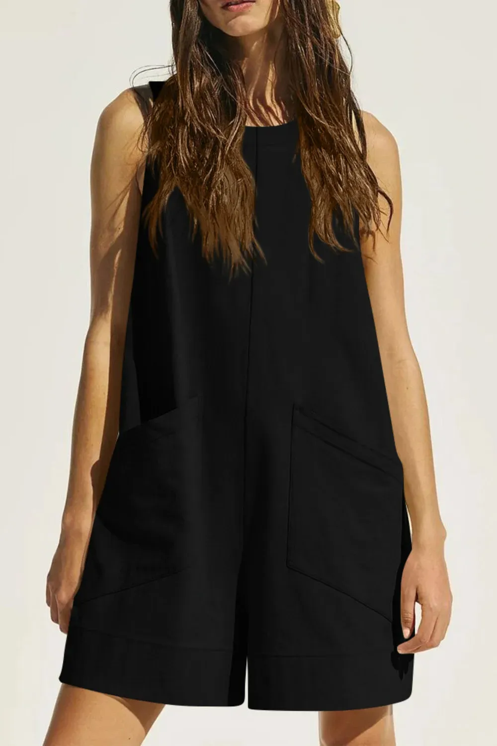 Lovelet Round Neck Sleeveless Romper with Pockets