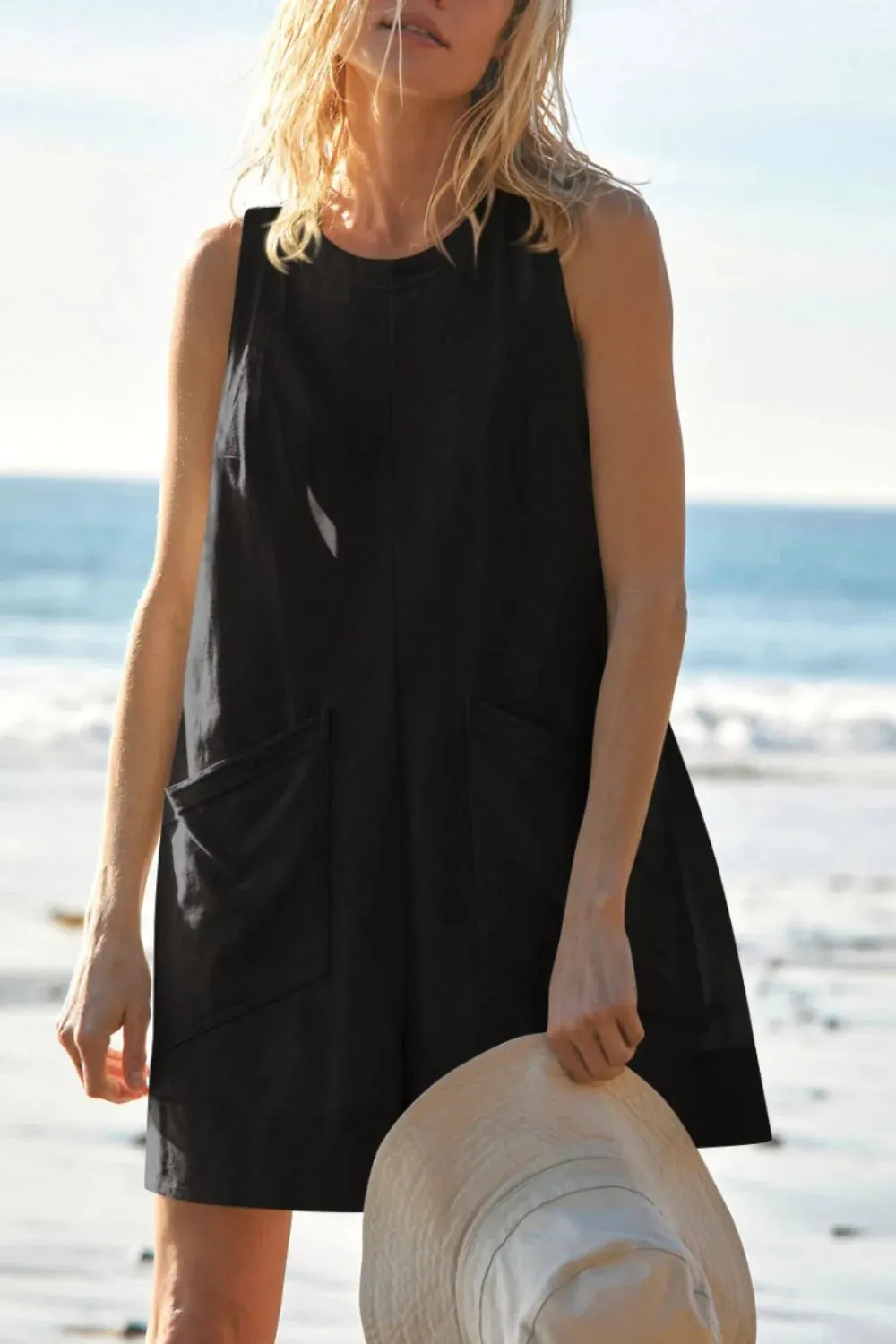 Lovelet Round Neck Sleeveless Romper with Pockets