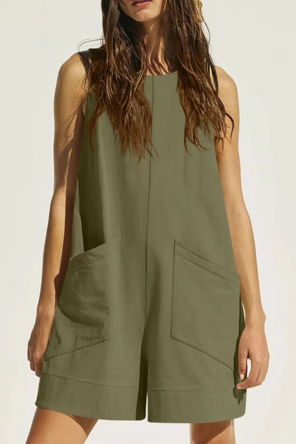 Lovelet Round Neck Sleeveless Romper with Pockets