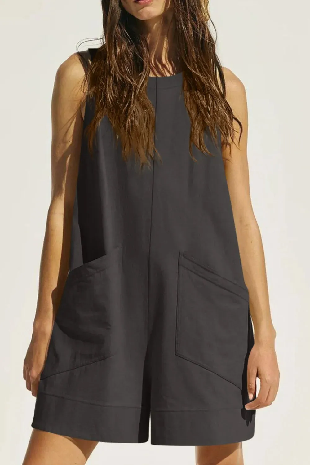 Lovelet Round Neck Sleeveless Romper with Pockets