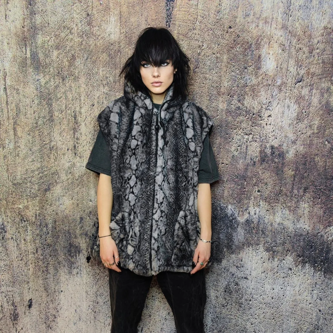 Luxury snake jacket faux fur python print bomber handmade detachable fluffy fleece puffer premium grunge hooded coat in grey black
