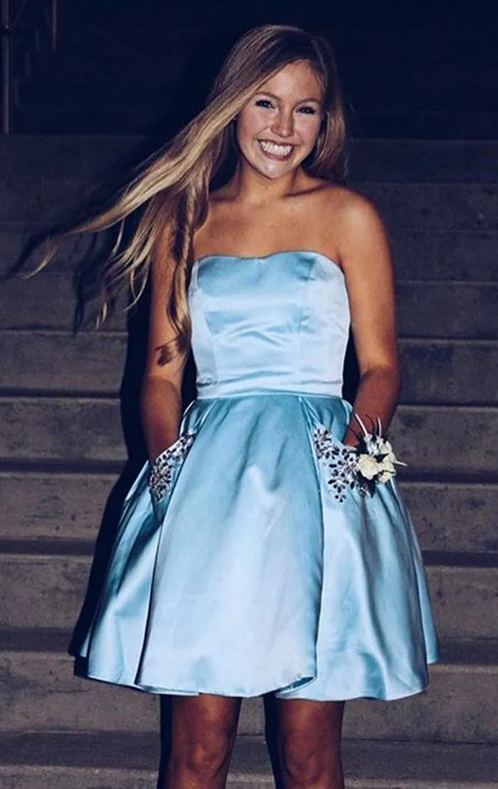 MACloth Strapless Sweetheart Mini Prom Homeocming Dress Sky Blue Wedding Party Dress