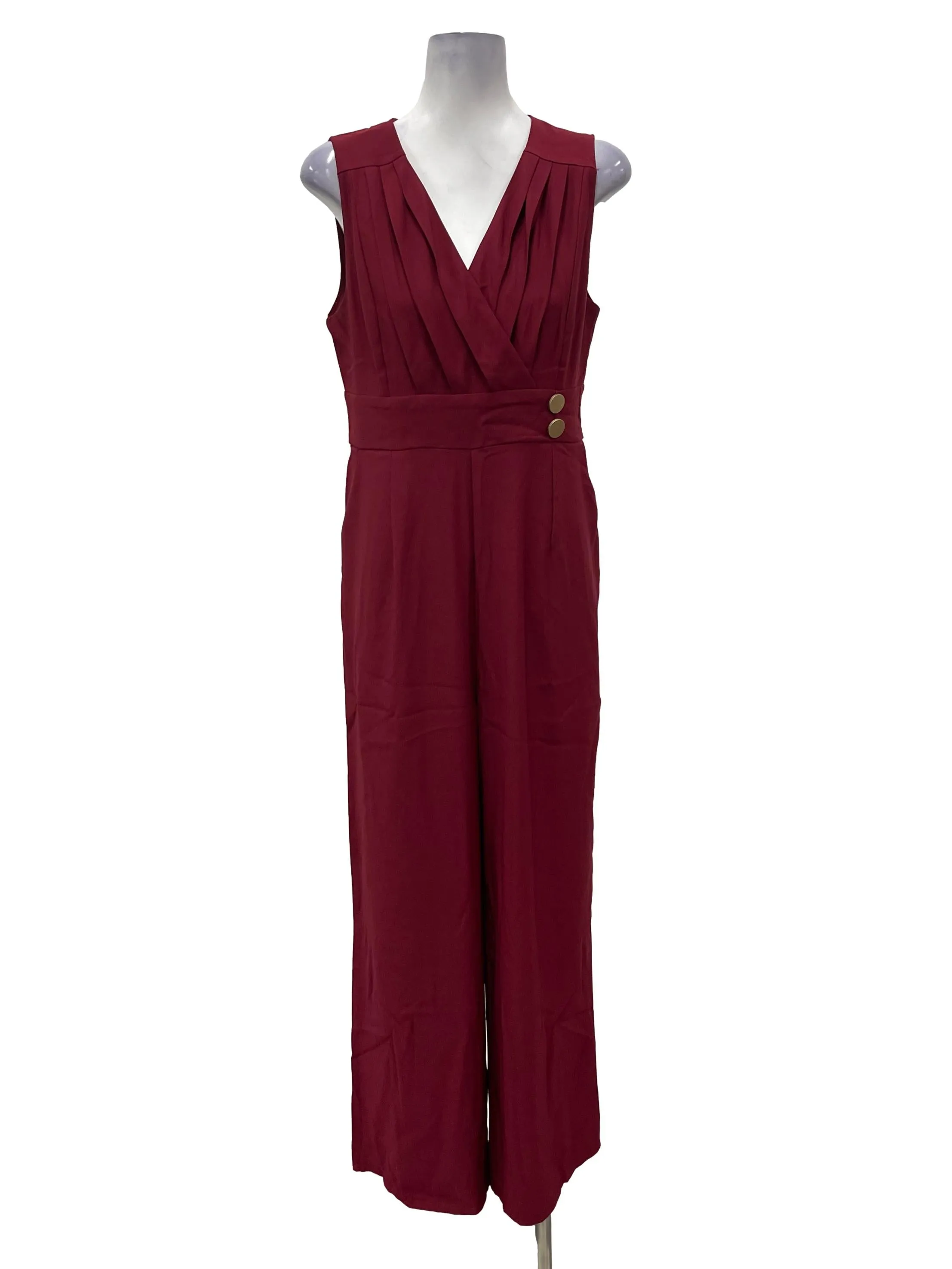 Maroon Satin V-Neck Sleeveless Jumpsuit