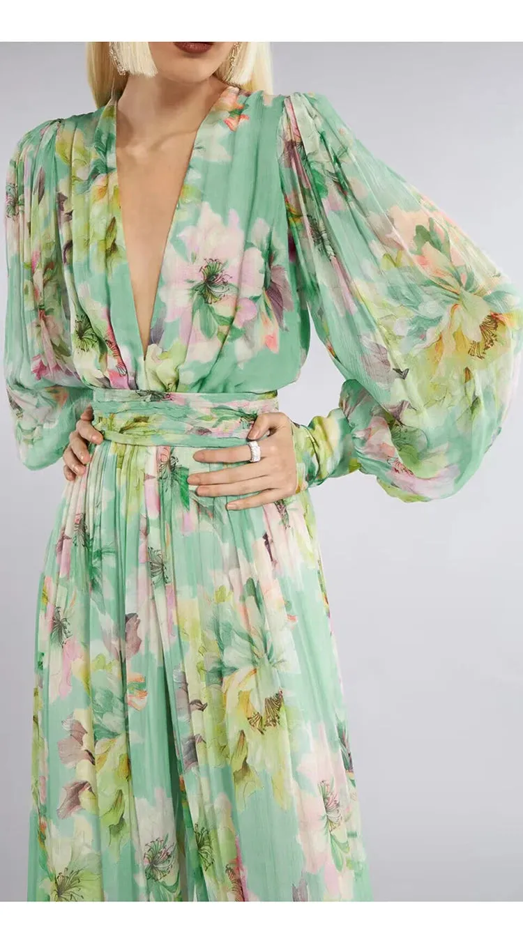 Martina V Neck Long Sleeve Regular Waist Slim Wide Leg Jumpsuit