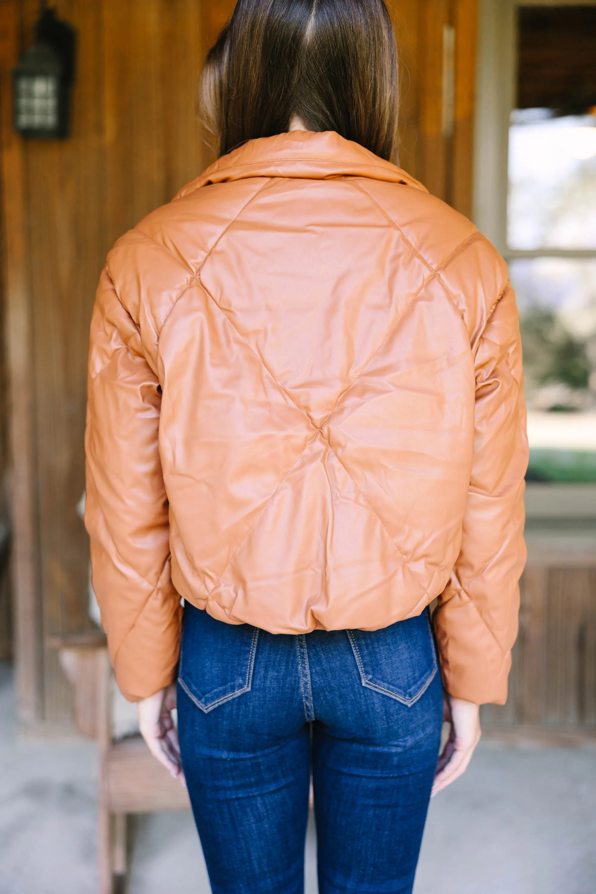 Meet You There Camel Brown Faux Leather Puffer Jacket