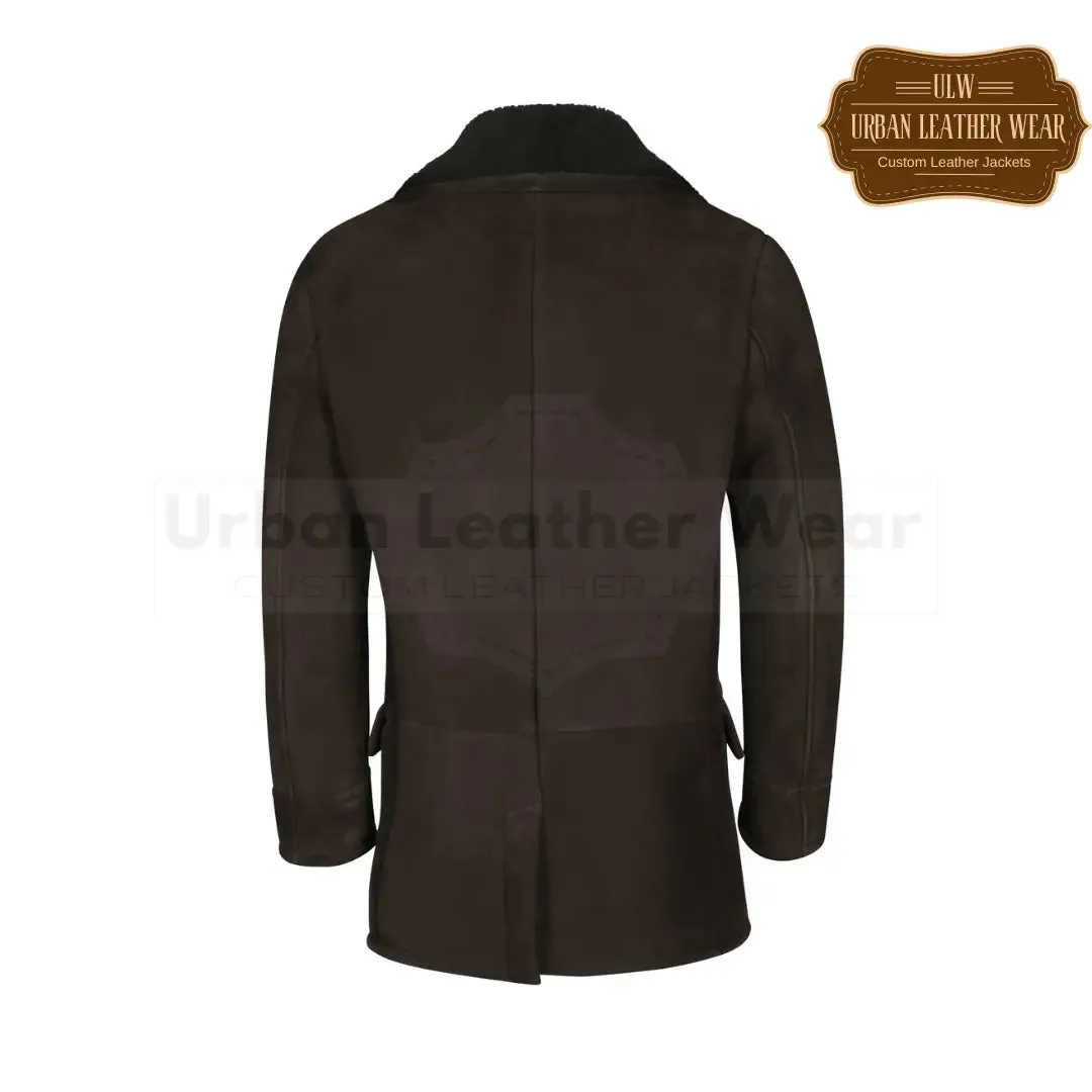 Men shearling dark brown pea coat