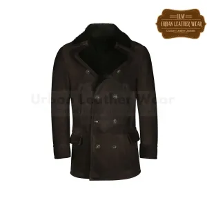 Men shearling dark brown pea coat