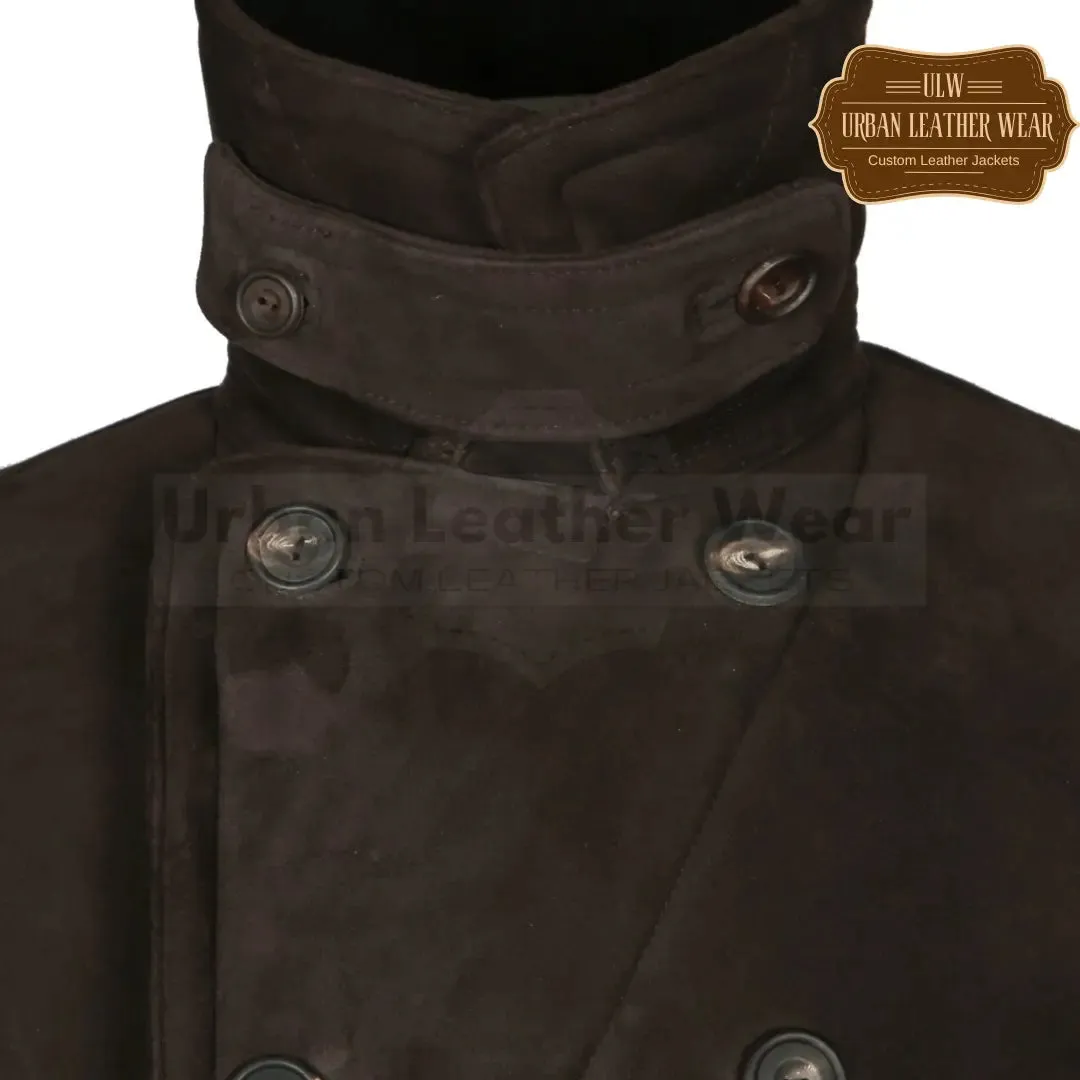 Men shearling dark brown pea coat