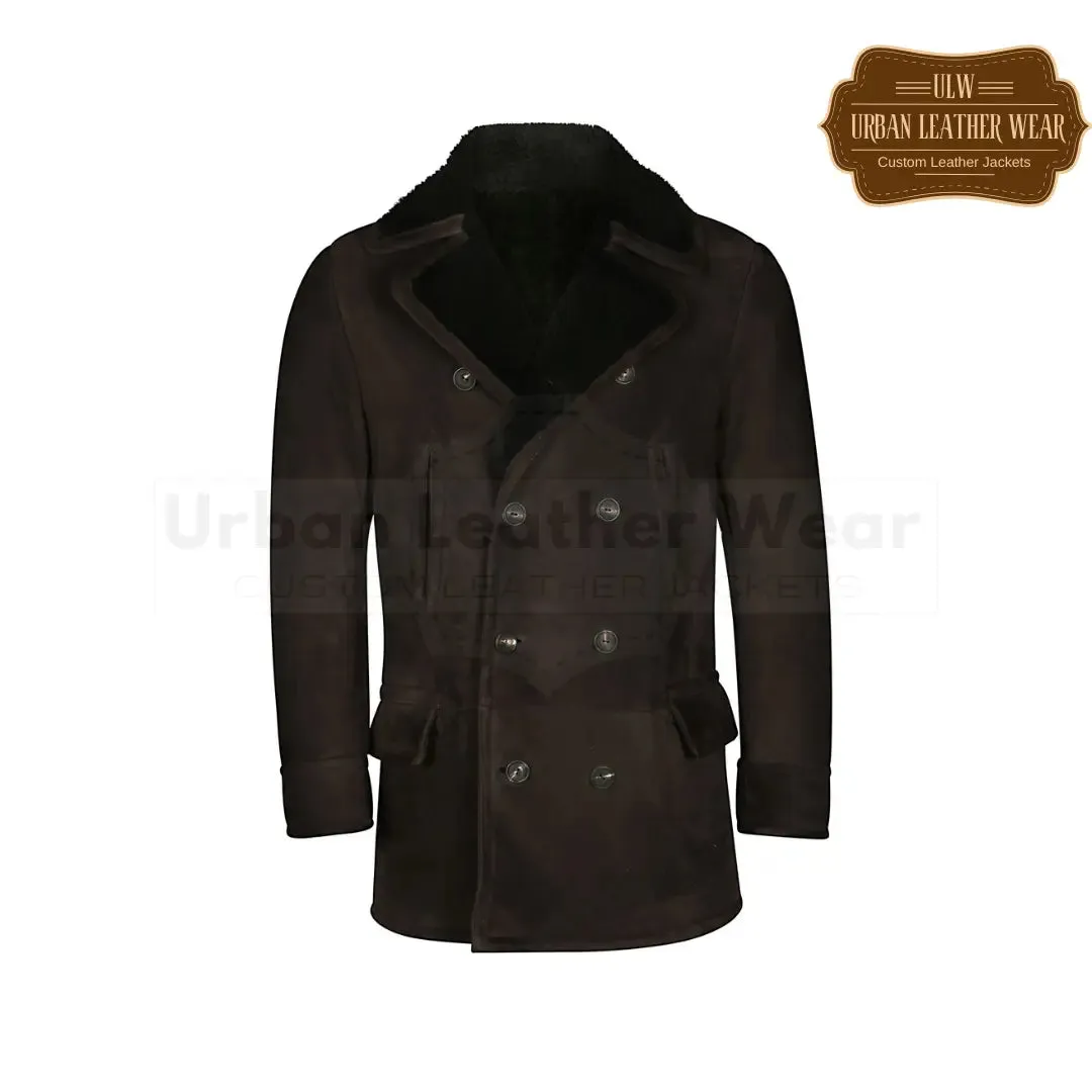 Men shearling dark brown pea coat