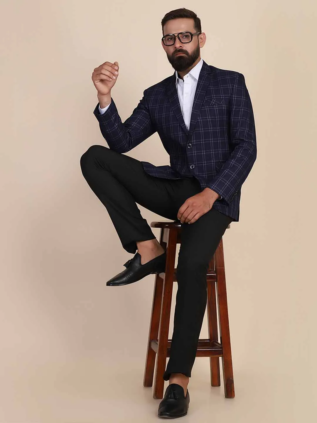 Men Tweed Blue Check Blazer