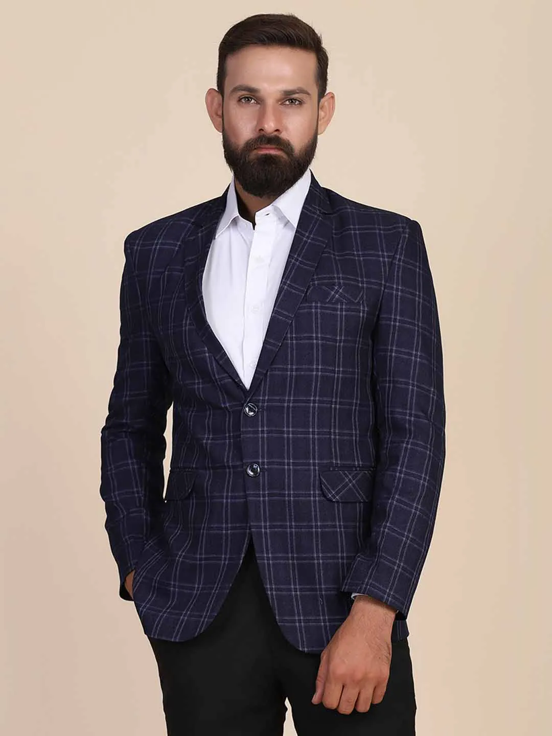 Men Tweed Blue Check Blazer