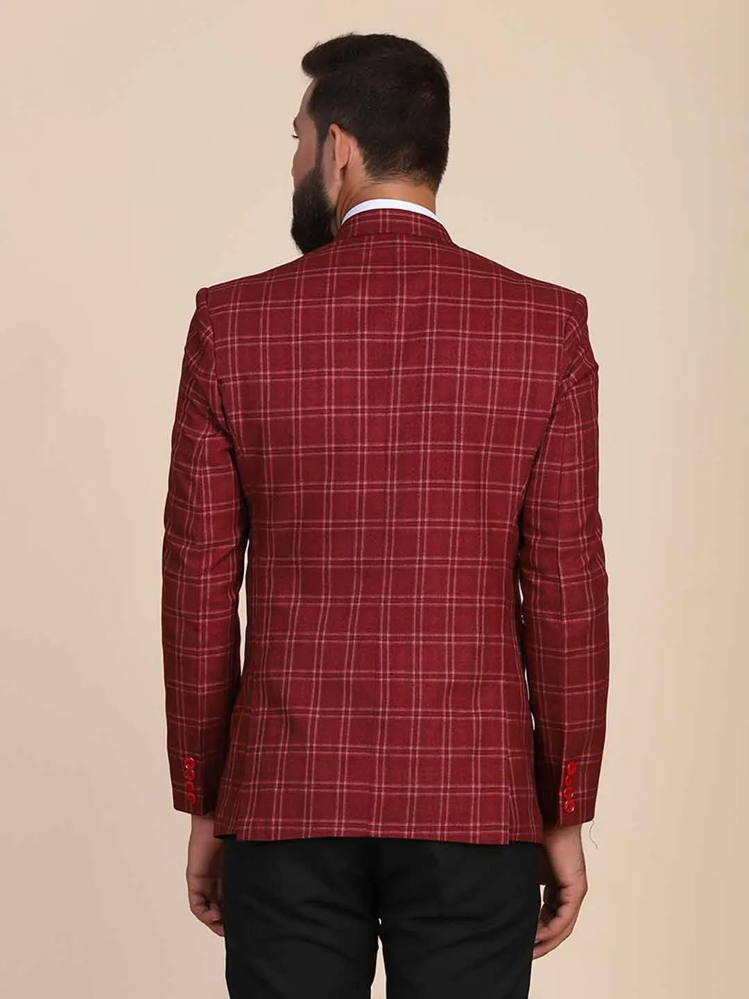 Men Tweed Maroon Check Blazer