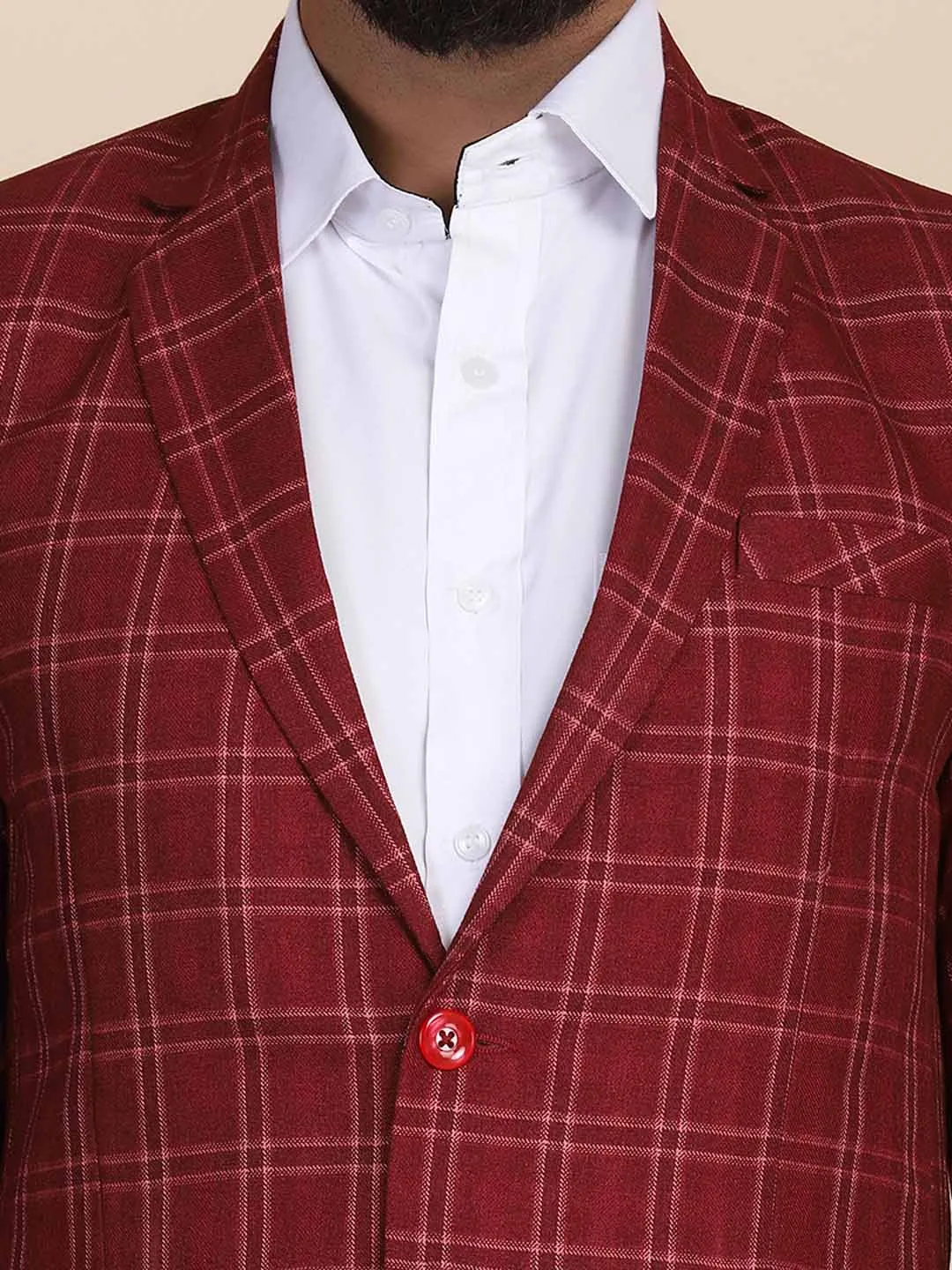Men Tweed Maroon Check Blazer