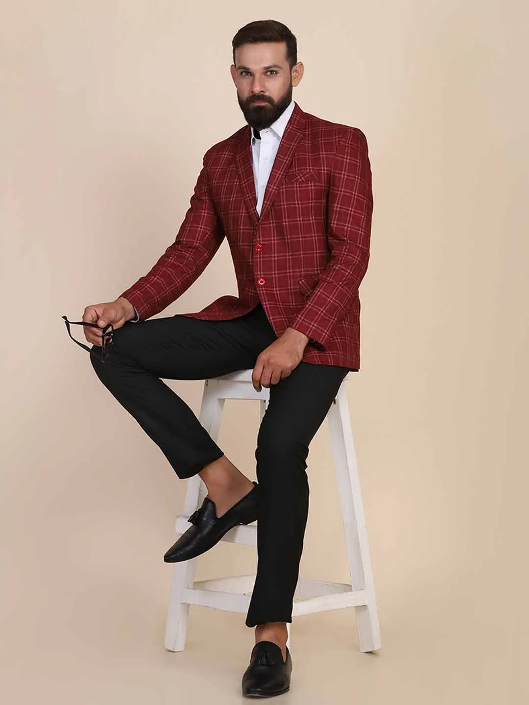 Men Tweed Maroon Check Blazer