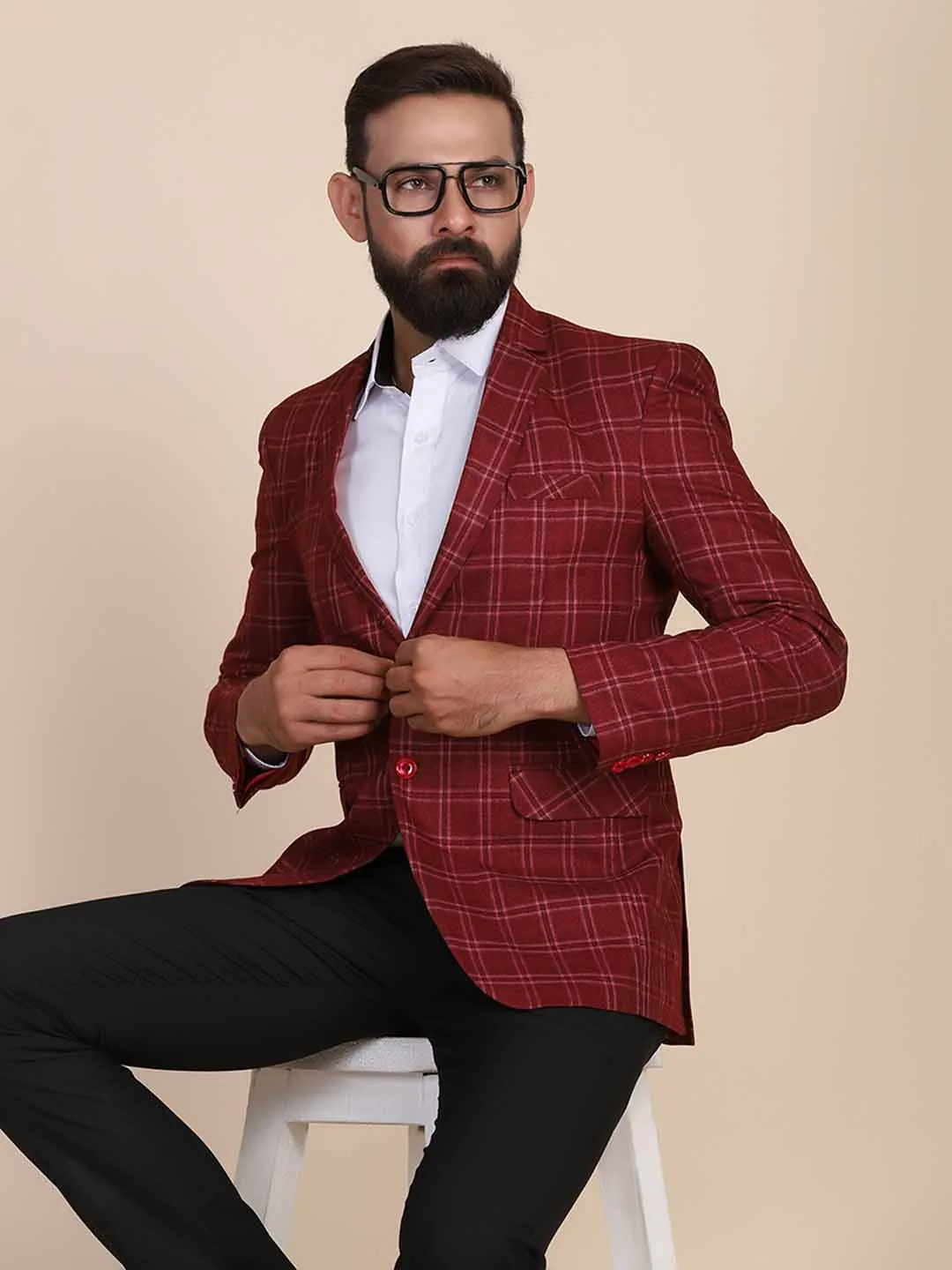 Men Tweed Maroon Check Blazer