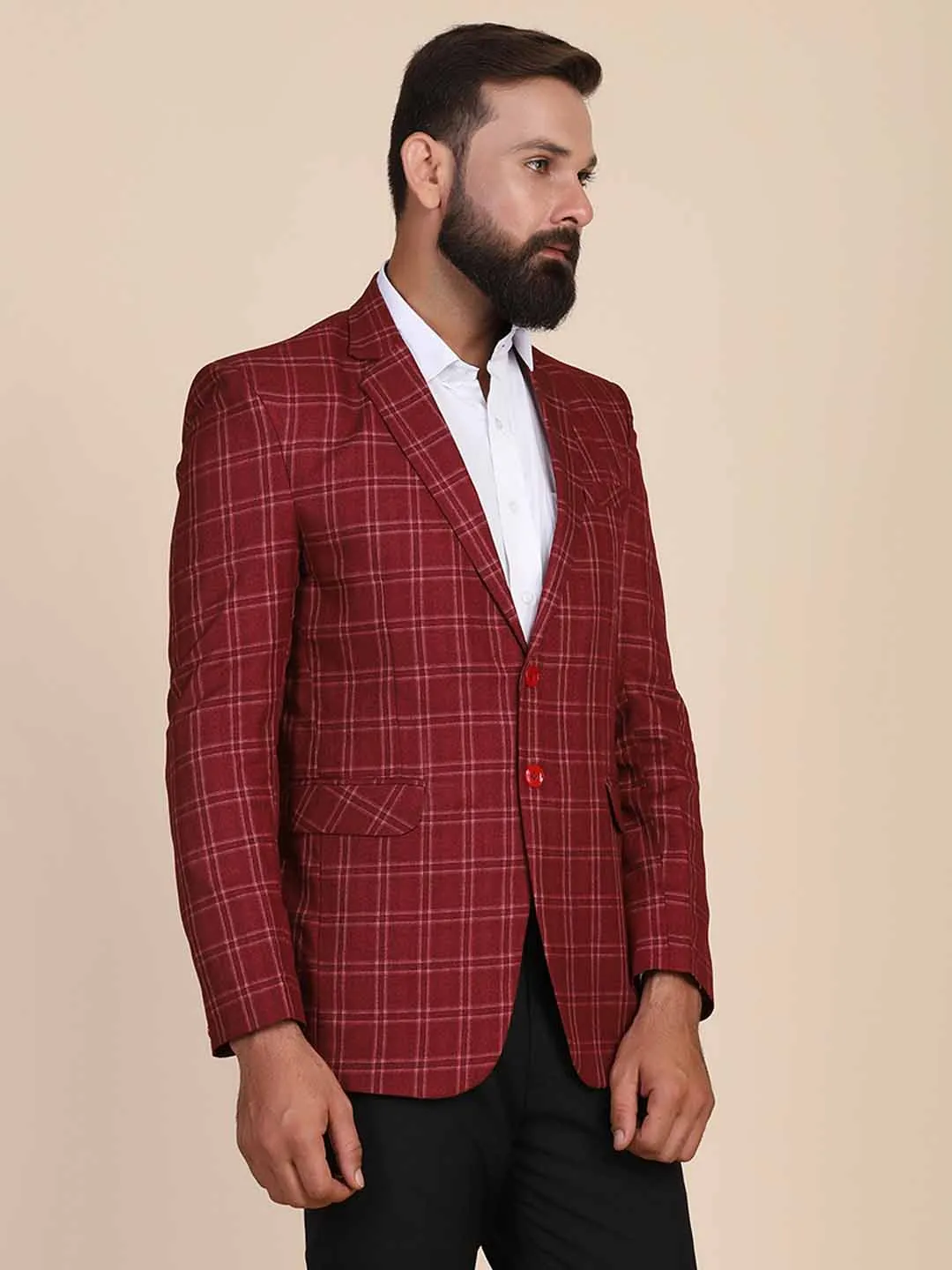 Men Tweed Maroon Check Blazer