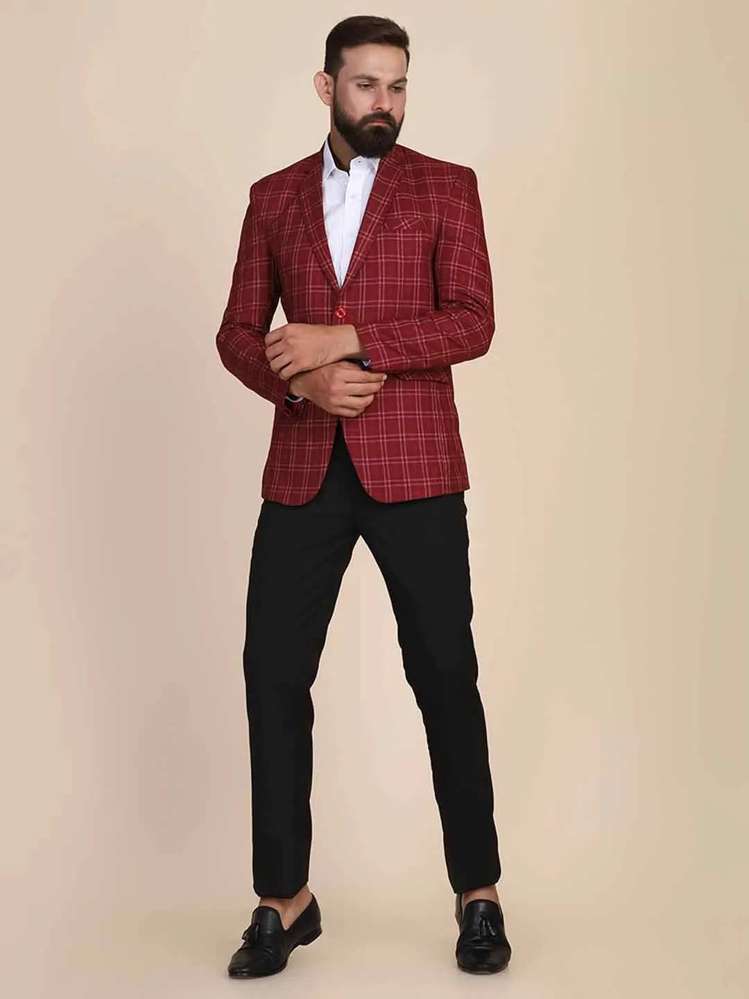 Men Tweed Maroon Check Blazer