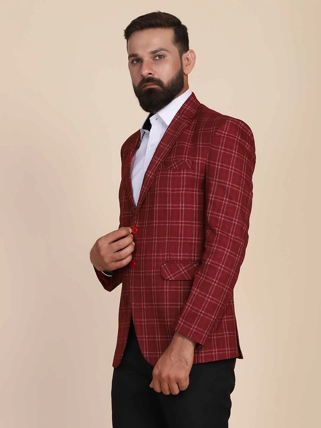 Men Tweed Maroon Check Blazer