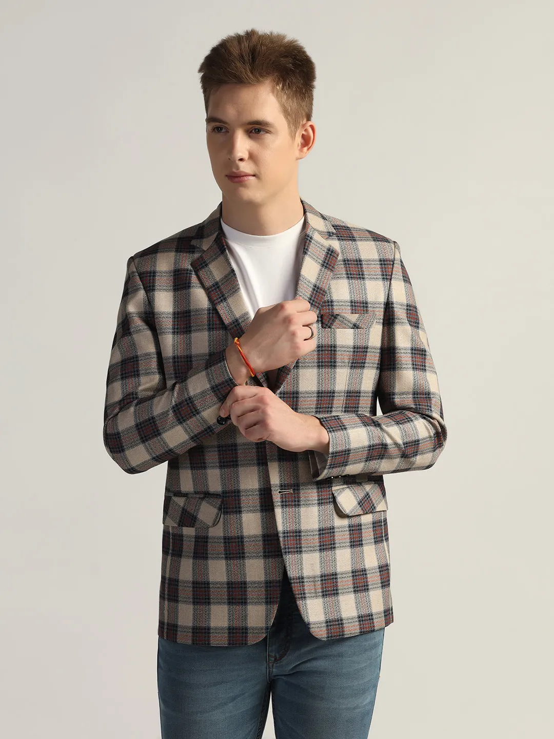 Mens Beige Checked Tweed Blazer