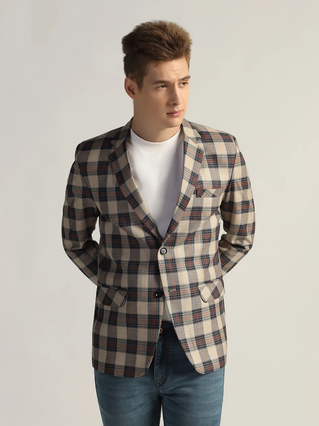 Mens Beige Checked Tweed Blazer