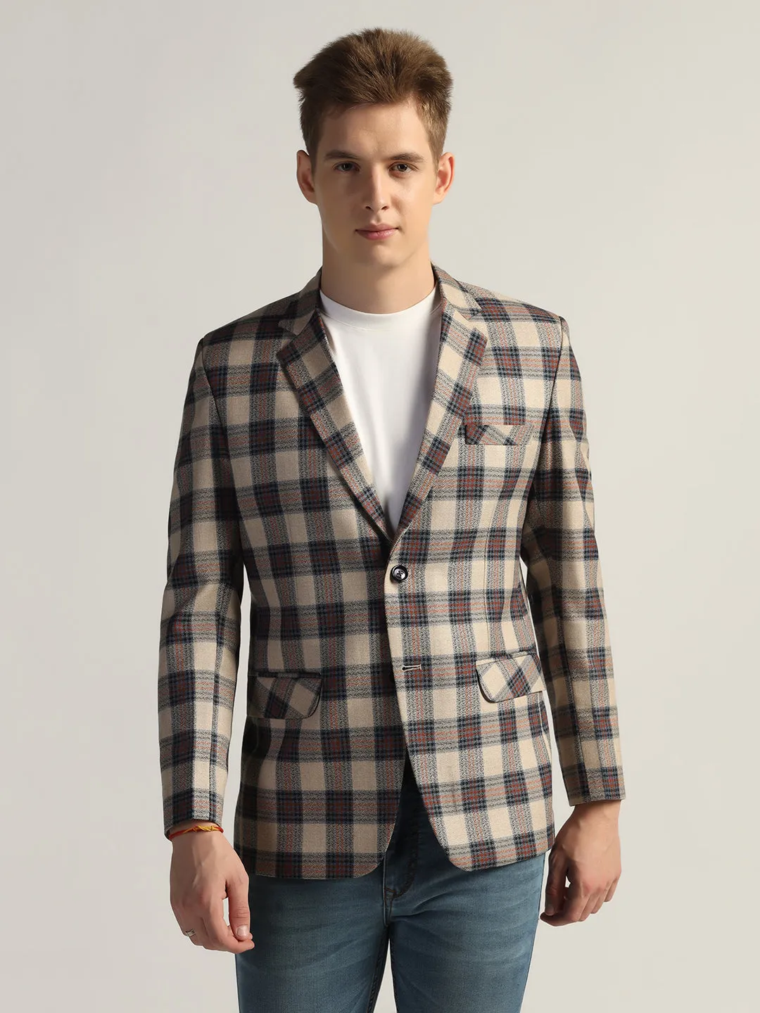 Mens Beige Checked Tweed Blazer