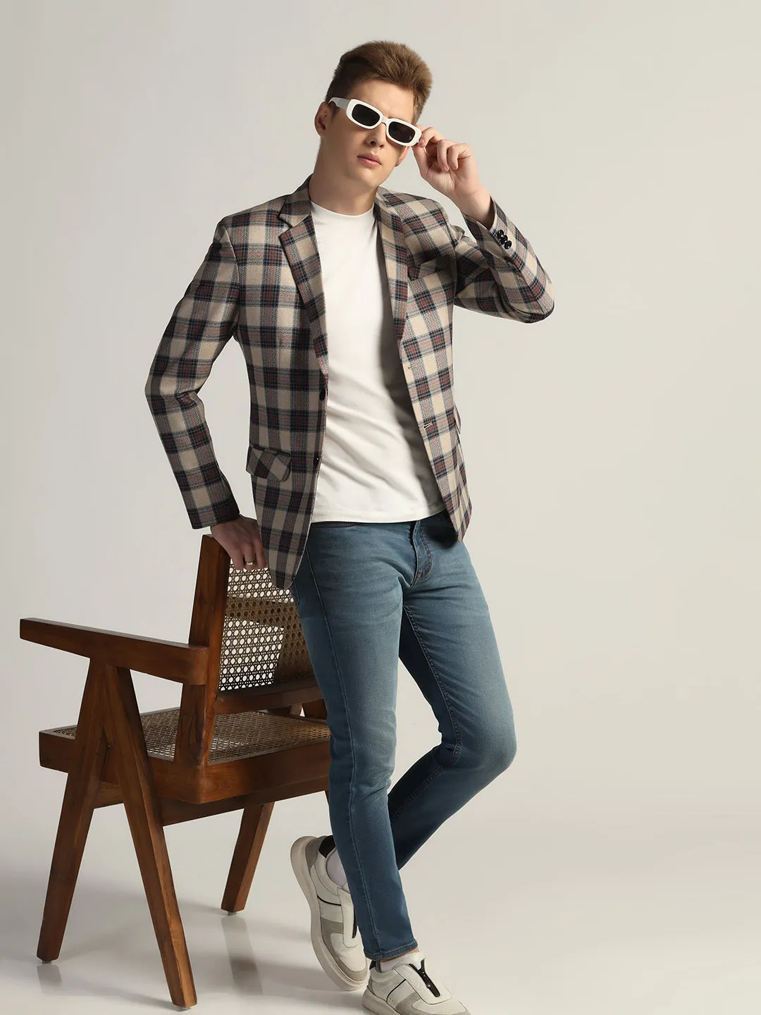 Mens Beige Checked Tweed Blazer