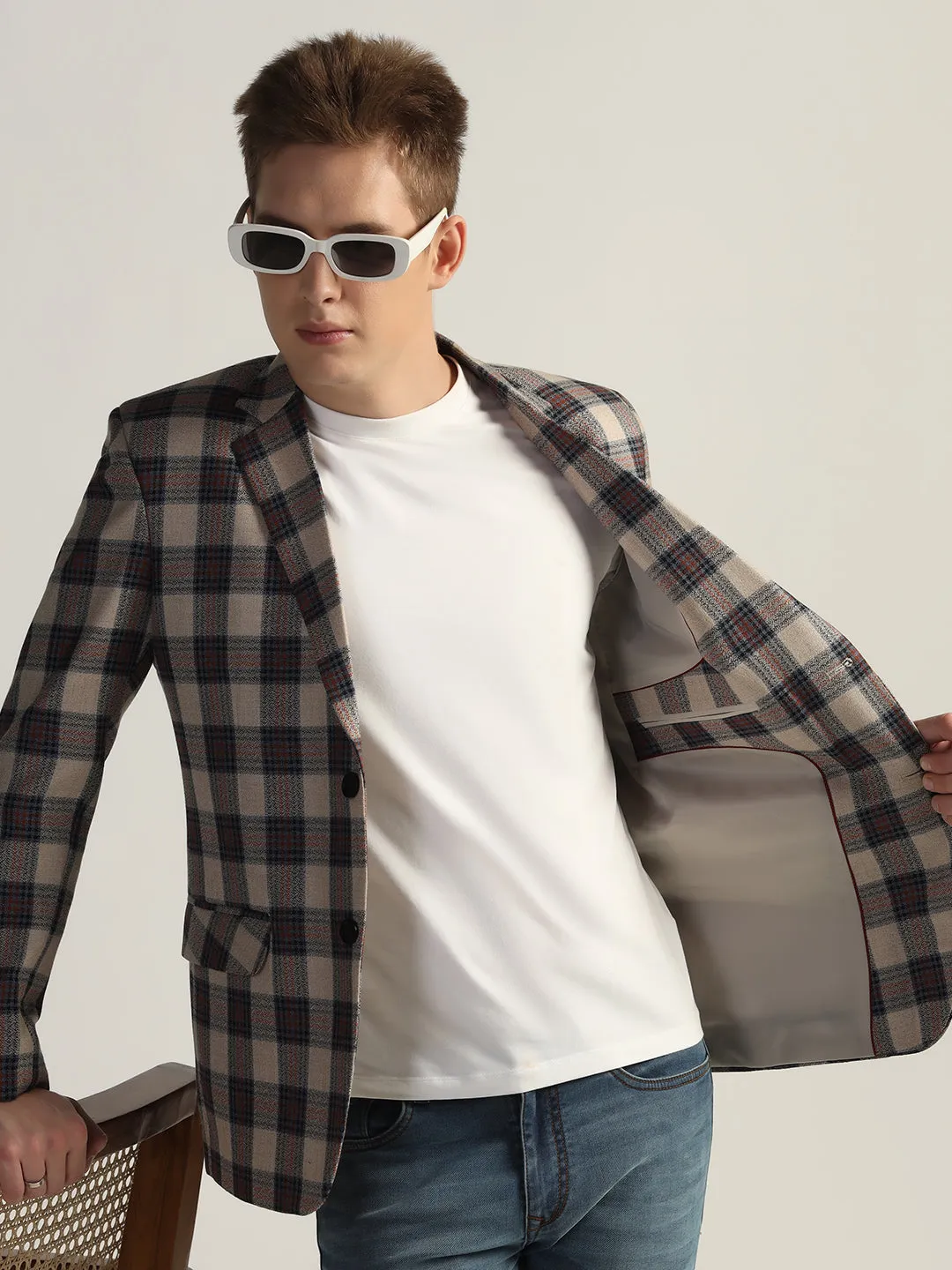 Mens Beige Checked Tweed Blazer