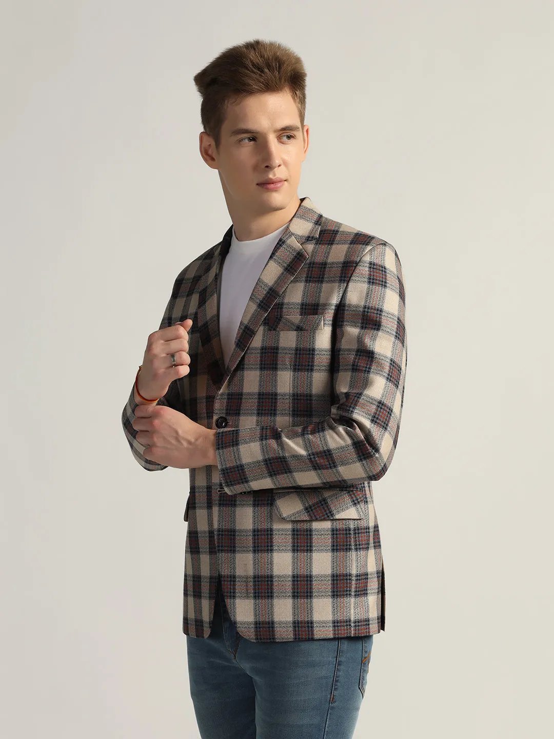 Mens Beige Checked Tweed Blazer